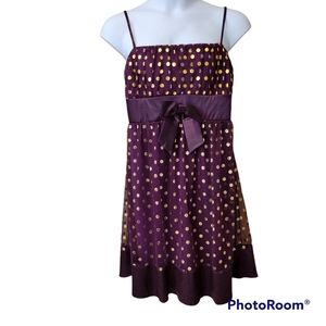 Taboo party dress, purple with gold and silver polka-dots, Size 3X.